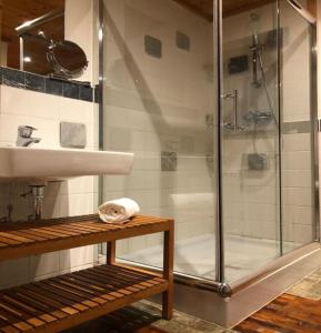 ein Bad mit einer Dusche und einem Waschbecken in der Unterkunft Chalet Fürth - by Four Seasons Apartments in Piesendorf