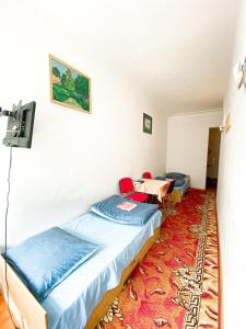 a room with two beds and a tv and a rug at Schronisko Młodzieżowe PTSM "Alko" in Rzeszów