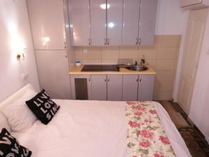a small room with a bed and a sink at Excellency apartmani in Banja Luka