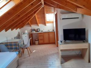 a bedroom with a bed and a desk with a television at Kritikos Rooms in Monemvasia