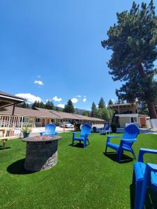 un groupe de chaises bleues assises dans une cour dans l'établissement Bluebird Day Inn & Suites, à South Lake Tahoe