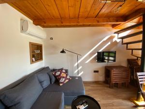 a living room with a blue couch and a tv at Petrovaradin Chalet in Novi Sad