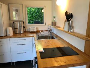 a kitchen with a sink and a wooden counter top at Das Haus am Berg in Rathmannsdorf +14 photos
