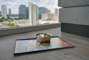 a bowl on a tray on a floor with a view of a city at Holiday Inn Express - Houston - Galleria Area, an IHG Hotel in Houston