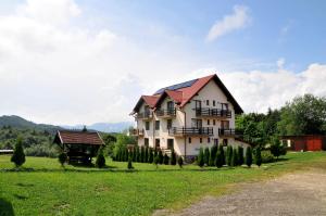 a house with a red roof on a green field at Pensiunea Recanto in Fundata