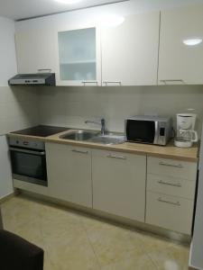 eine Küche mit einer Spüle und einer Mikrowelle in der Unterkunft Apartman Marija in Zadar