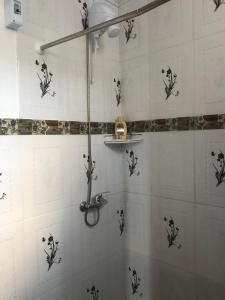 a bathroom with a shower with black flowers on the wall at Hostal Lo de Mili in Chuy
