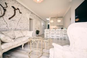 Wine Apartments في Vráble: غرفة معيشة مع أريكة ومطبخ