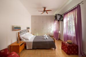 a bedroom with a bed and a ceiling fan at Andros Melissari in Koumárion