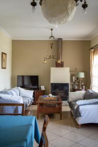a living room with two couches and a fireplace at Andros Melissari in Koumárion