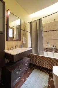 a bathroom with a sink and a tub and a toilet at Andros Melissari in Koumárion