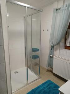 a glass shower with a blue stool in a room at Hortensia 2 in Münzkirchen
