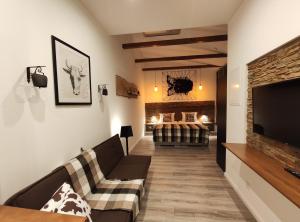 エッセンにある3 エプフェル デザイン アパートメンツのリビングルーム(ソファ、薄型テレビ付)