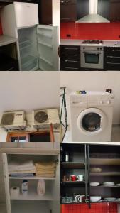 uma cozinha com um fogão e uma máquina de lavar roupa em Shtepi Me qera Fier em Fier