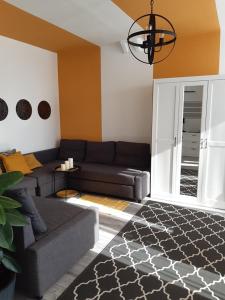 a living room with a black couch and a rug at Duna Kuckó in Mohács