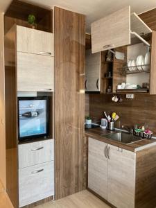 a kitchen with wooden cabinets and a sink and a tv at Mirabell Studio Bansko - Amazing view & fireplace in Bansko