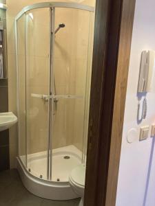 a bathroom with a shower with a toilet and a phone at Mirabell Studio Bansko - Amazing view & fireplace in Bansko +20 photos