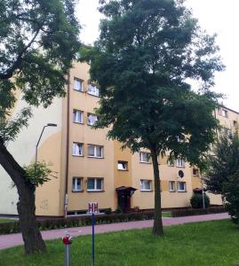 オシフィエンチムにあるLovely place-apartament Oświęcimの正面に木が2本ある建物