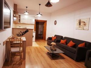 Studio Piata Mare apartments في سيبيو: غرفة معيشة مع أريكة وطاولة