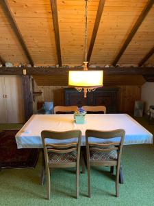 Murg的住宿－2 Zimmer Wohnung am Süd-Schwarzwald，餐桌,配有两把椅子和一盏灯