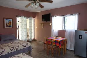 um quarto com uma cama, uma mesa e uma janela em Bungalows Casa Blanca em La Manzanilla
