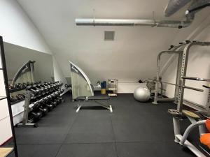 a gym with several treadmills and weights at Chasse Hotel in Amsterdam