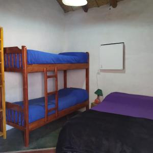 um quarto com 2 beliches e lençóis azuis em Cabañitas EL REPOSO HUMAHUACA em Humahuaca