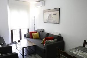 ein Wohnzimmer mit einem grauen Sofa und bunten Kissen in der Unterkunft Calle San Basilio - Patios. Aparcamiento gratis in Córdoba