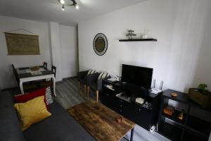 ein Wohnzimmer mit einem Sofa und einem TV in der Unterkunft Calle San Basilio - Patios. Aparcamiento gratis in Córdoba