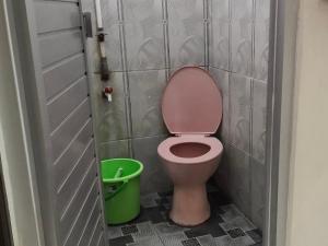 a bathroom with a pink toilet and a green bucket at penginapan karanglaut santolo in Cilauteureun