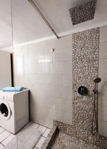 a bathroom with a shower with a washer and dryer at Family house by the seaside of Karavostasis in Karavostasi