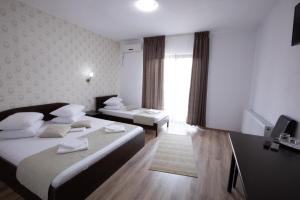 a hotel room with two beds and a television at Pensiunea Mirific in Dubova