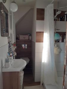 a bathroom with a sink and a shower curtain at Beach House Old in Międzyzdroje