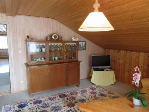 ein Wohnzimmer mit einem TV und einer Holzwand in der Unterkunft Ferienwohnung Spitzer in Waging am See