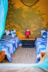 Habitación con 2 camas y mesa con lámpara roja. en Shik Shack Backpackers en Guernsey Nature Reserve