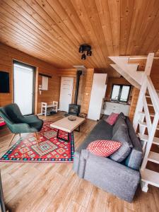 a living room with a couch and a ladder at Luksusowe całoroczne domki z widokiem Janowiec, Kazimierz Dolny in Janowiec