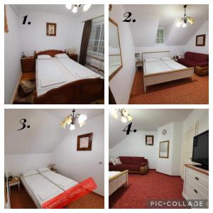 four different pictures of a room with a bed and a room with a tv at Pensiunea Laba Ursului - Medveláb Vendégház in Sovata