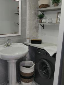 een badkamer met wastafel en wasmachine bij Le cottage de l'étang in Le Tablier +44 foto's