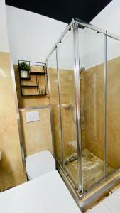 uma casa de banho com uma cabina de duche em vidro e um WC. em Maze Apartment em Mamaia Nord – Năvodari