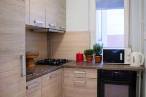 y cocina con encimera, fogones y microondas. en Beautiful air-conditioned apartment in the centre, en Debrecen