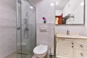 a bathroom with a shower and a toilet and a sink at Atlantic sobe in Dobra Voda