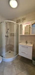 La salle de bains est pourvue d'une douche et d'un lavabo. dans l'établissement APARTAMENTY TU 27, à Kudowa-Zdrój
