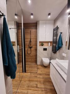 a bathroom with a shower and a toilet and a sink at Apartament Fredry 2 PREMIUM KLIMA in Kołobrzeg +20 photos