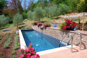 una piscina in un cortile fiorito di Il Nido di Margherita a San Giovanni Valdarno