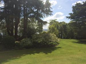 a green yard with trees and a field of grass at Old Drynie House, in Inverness