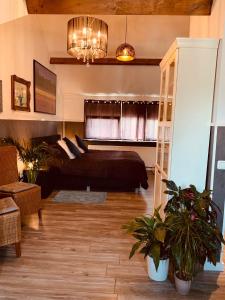 uma sala de estar com uma cama e um sofá em B&B Prachtig Allemachtig em Valkenburg