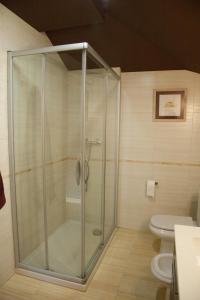 a glass shower in a bathroom with a toilet at Sorkun in Lacunza
