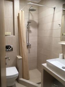 La salle de bains est pourvue d'une douche, de toilettes et d'un lavabo. dans l'établissement Marco's Appartments, à Potidée