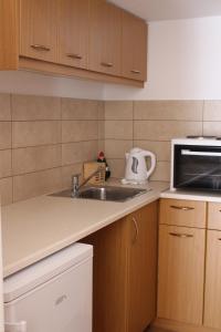 a kitchen with a sink and a microwave at Hotel Kamari in Kamarai