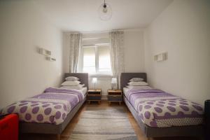 Dos camas en una habitación con ventana. en BELLA Rosa, en Opole
